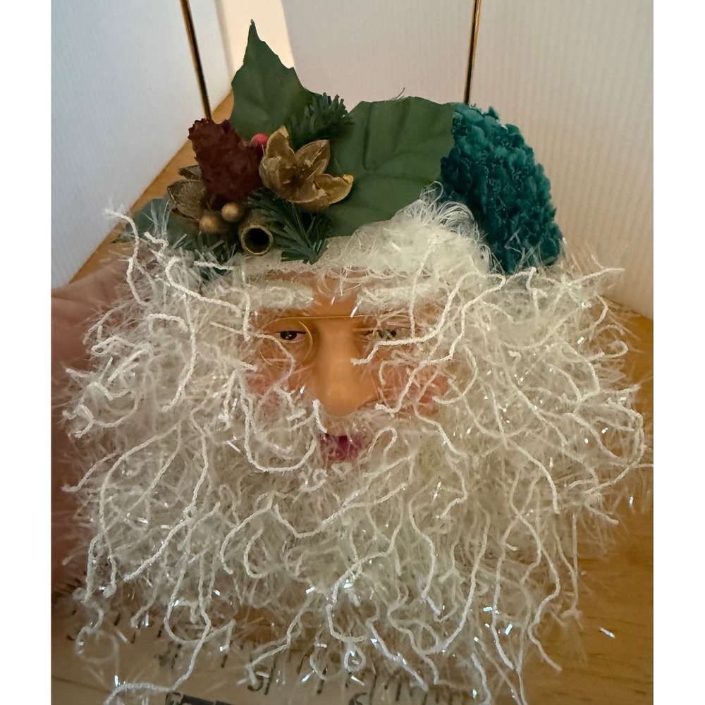 Santa Christmas Holiday Ornament Green White Eyelash Yarn Beard Holly Bell